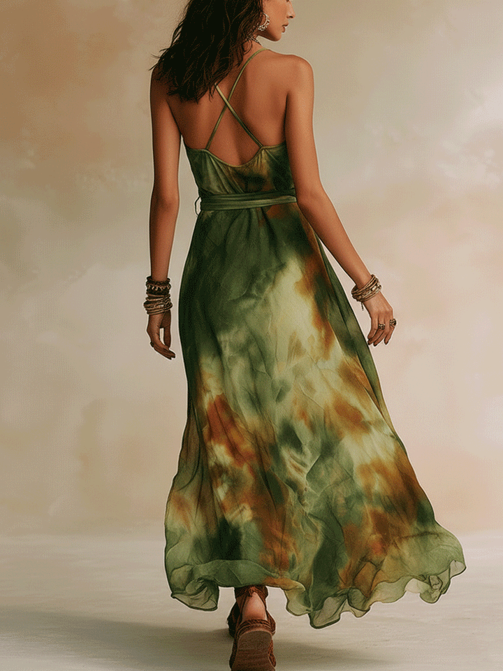 Elira | Vestido largo verde con estampado abstracto