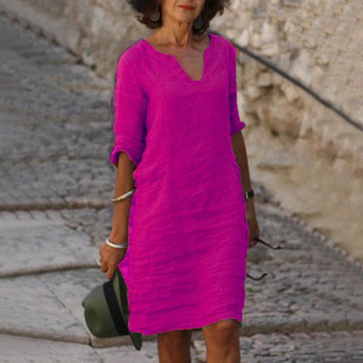 Abito Midi Verde con Collo a V e Maniche 3/4