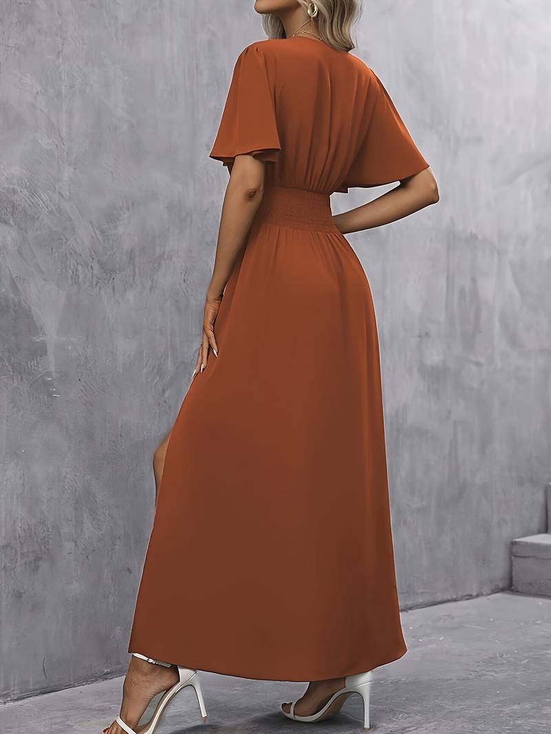 V-Neck Maxi Dress with Flutter Sleeves and Slit