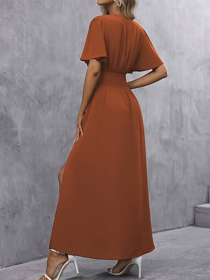V-Neck Maxi Dress with Flutter Sleeves and Slit