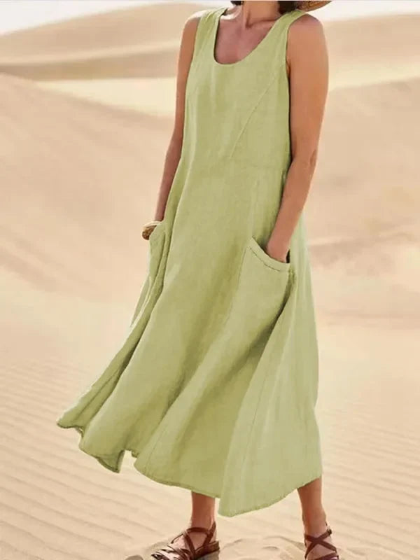 Sleeveless Scoop Neck Midi Dress with Pockets