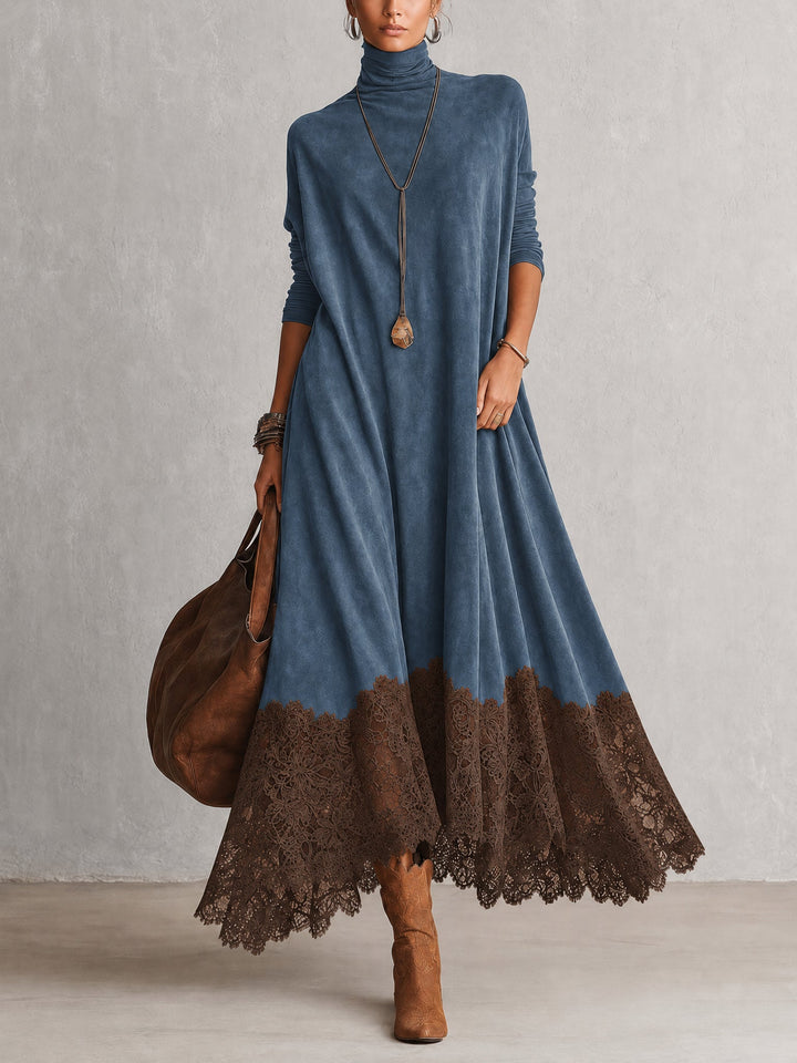 Petra | Vestido azul de cuello alto con bajo de encaje marrón