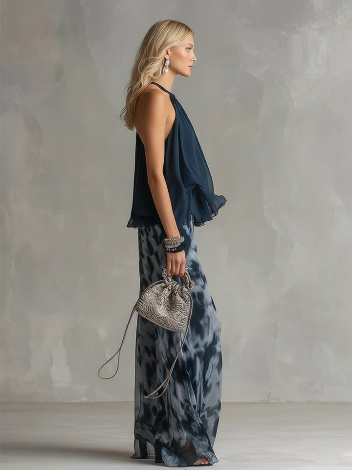 Ludovica - elegant in chiffon with high neck top and wide printed trousers