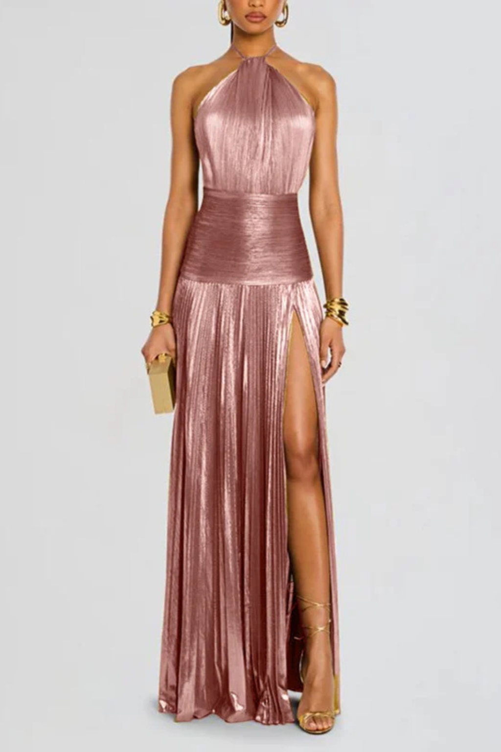 Abito Elegante Oro con Collo Halter