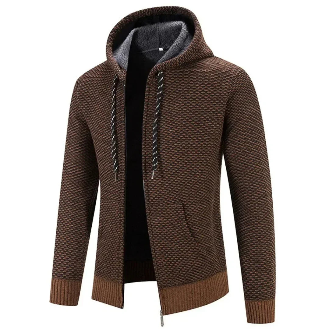 Camisola masculina de malha texturada com capuz e fecho de correr integral