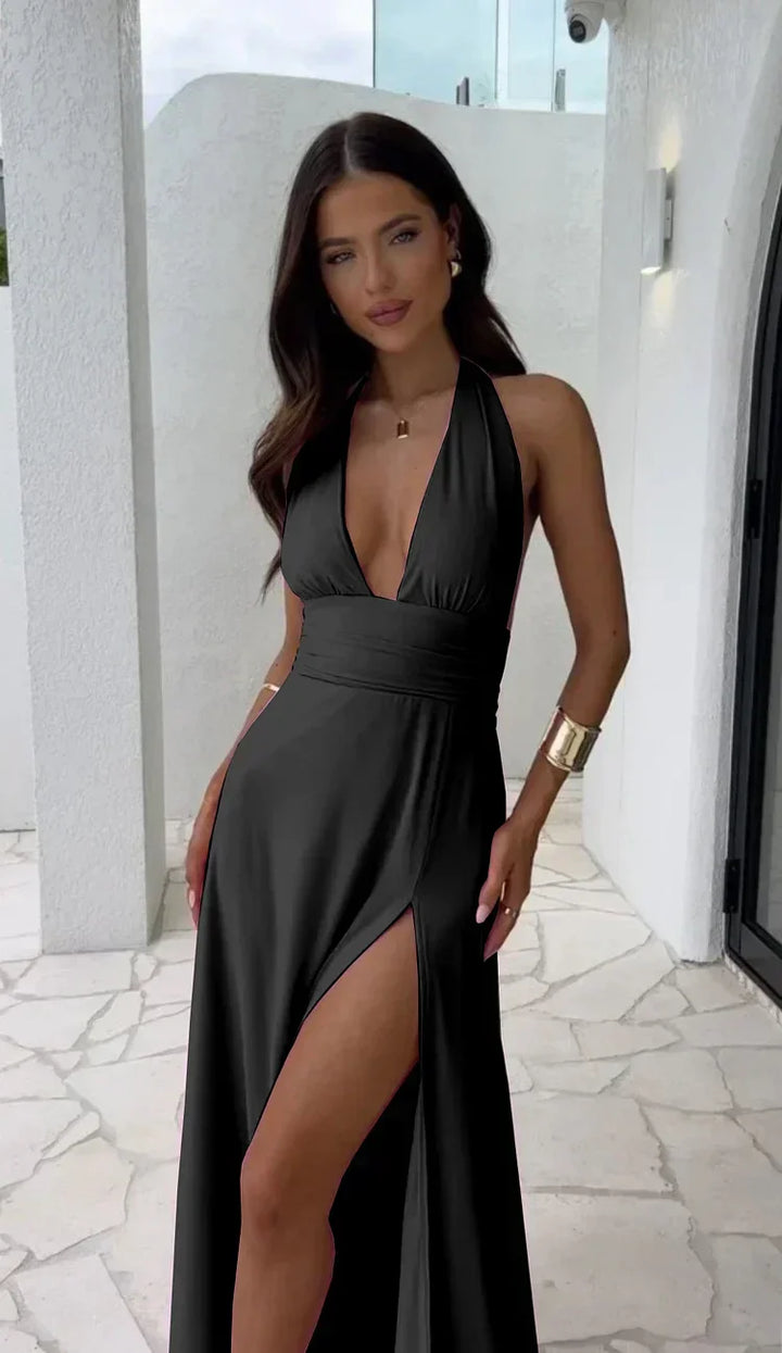 Deep V-Neck Maxi Dress With High Slit