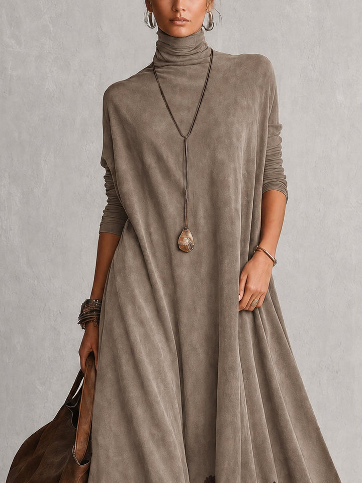 Porzia | Robe taupe à col montant avec ourlet en dentelle