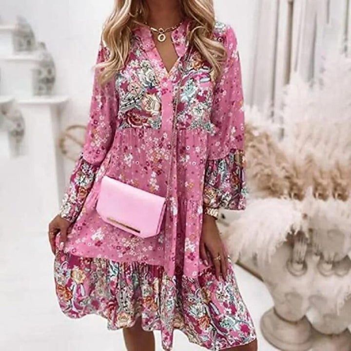 Floral V-Neck Long Sleeve Mini Dress