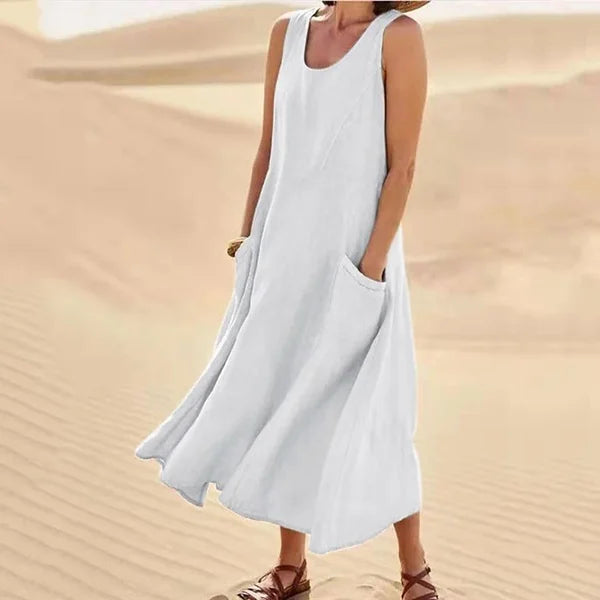 Sleeveless Scoop Neck Midi Dress with Pockets