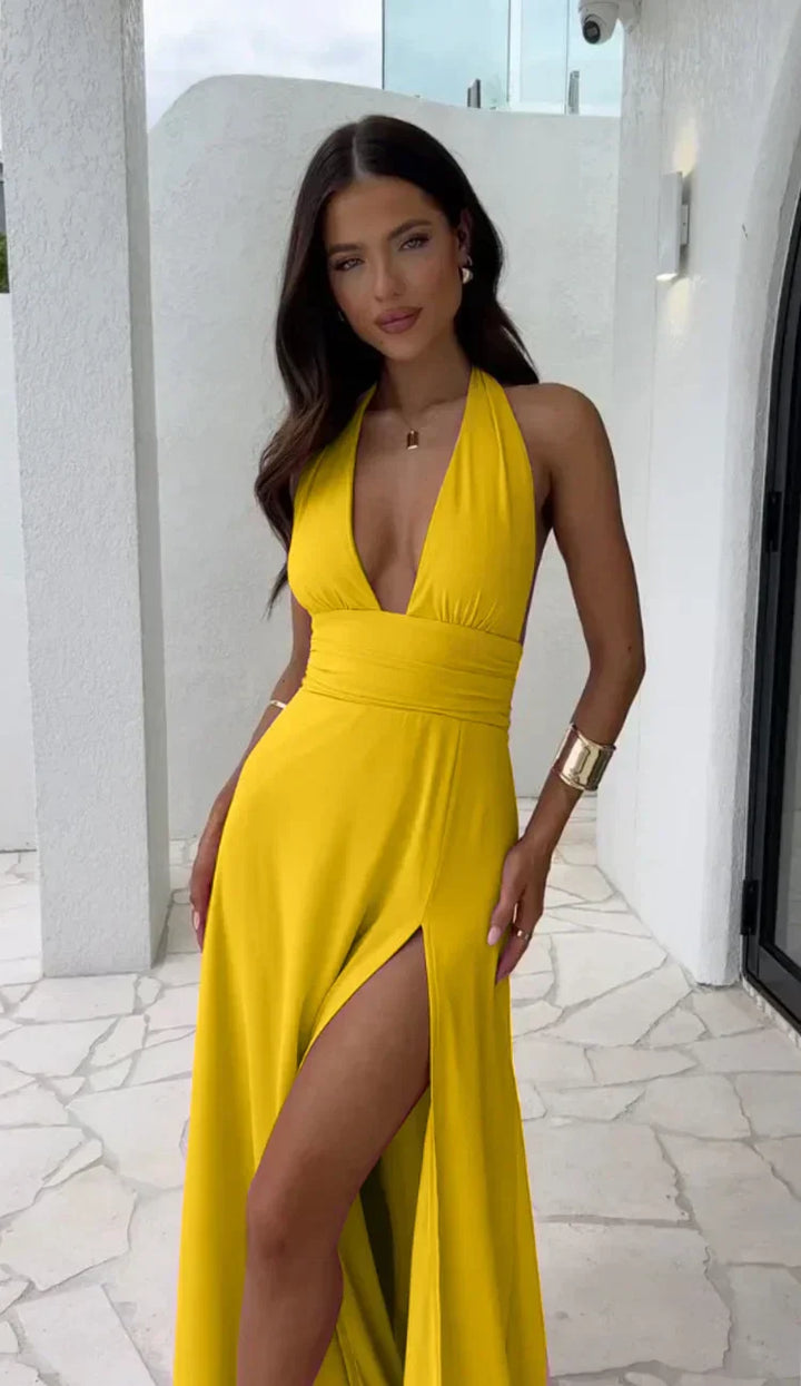Deep V-Neck Maxi Dress With High Slit