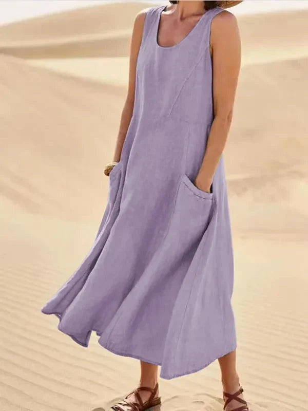 Sleeveless Scoop Neck Midi Dress with Pockets