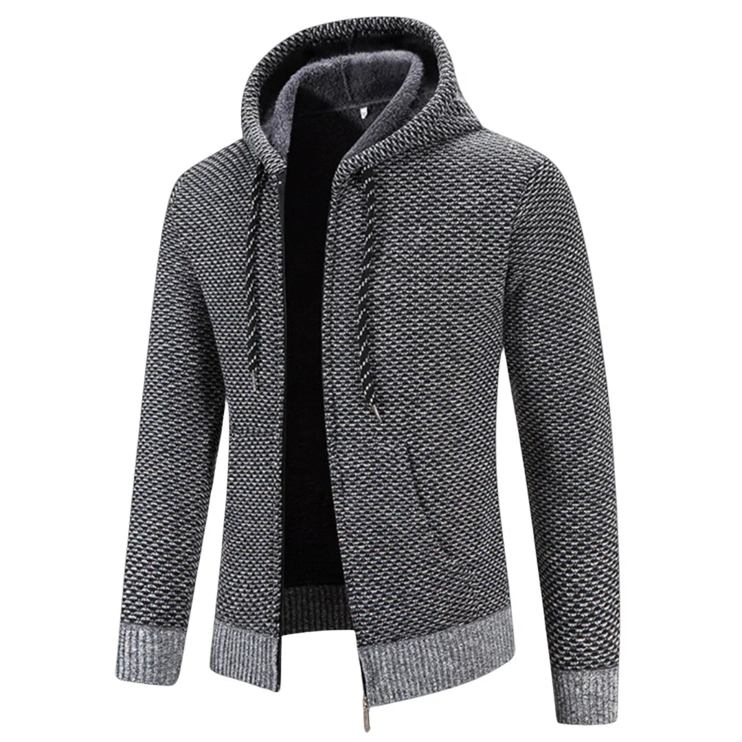 Camisola masculina de malha texturada com capuz e fecho de correr integral