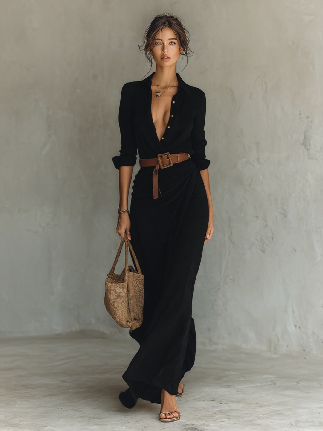 Robe longue à manches longues et col à revers pour femme