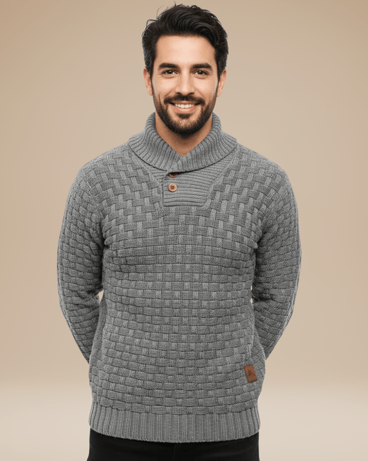 Camisola para homem com gola xale e botões | Estrutura em cesta e fio quente