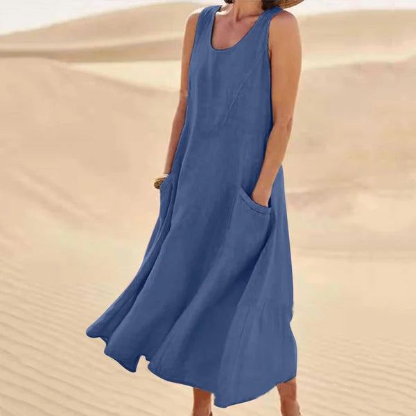 Sleeveless Scoop Neck Midi Dress with Pockets