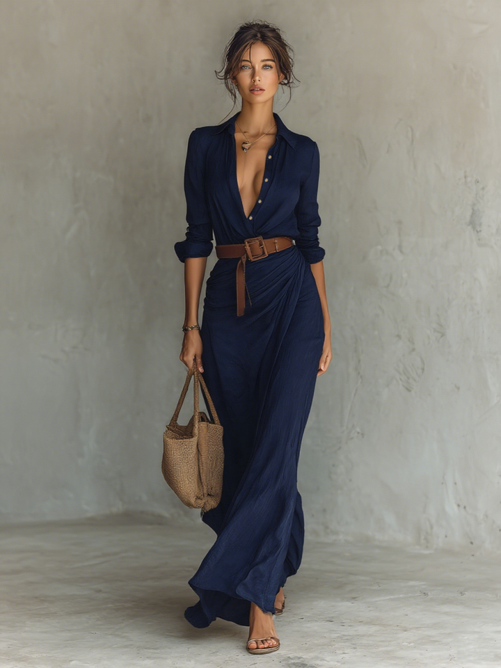 Robe longue à manches longues et col à revers pour femme