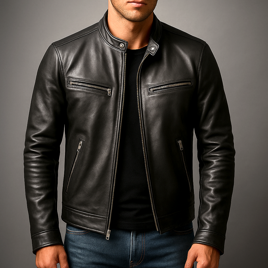 Veste zippée pour homme à col montant, aspect cuir