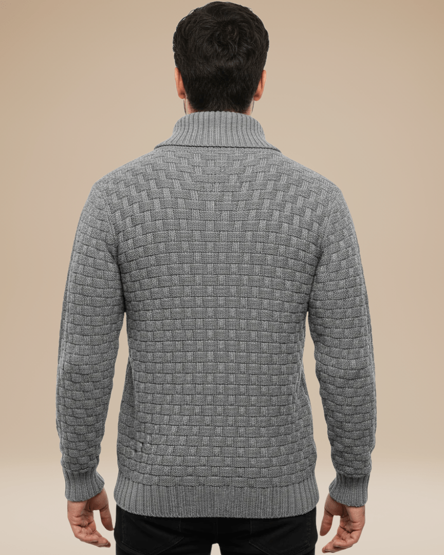Camisola para homem com gola xale e botões | Estrutura em cesta e fio quente