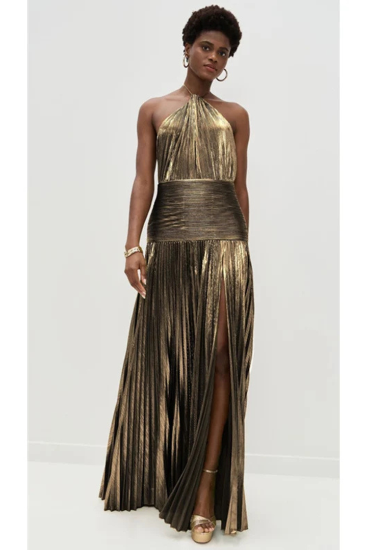 Abito Elegante Oro con Collo Halter