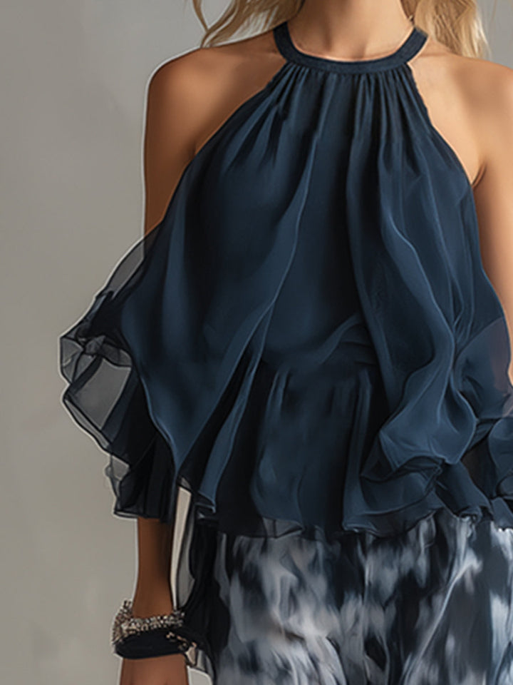 Ludovica - elegant in chiffon with high neck top and wide printed trousers