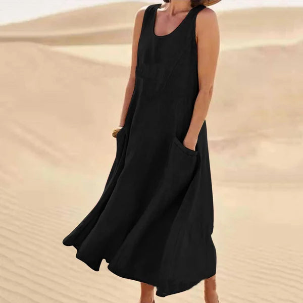 Sleeveless Scoop Neck Midi Dress with Pockets