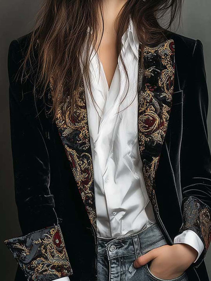 Julie | Blazer long effet velours avec bordure ornementale
