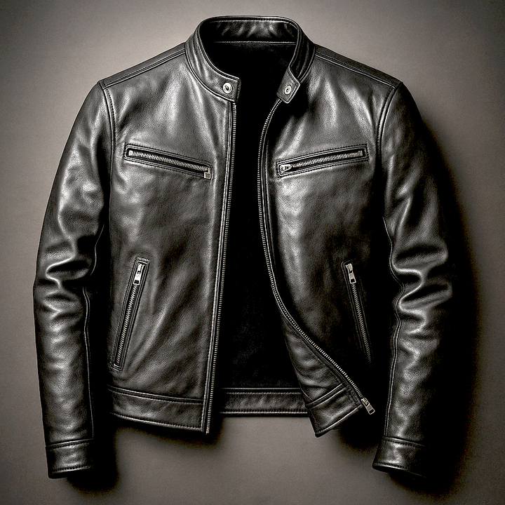 Veste zippée pour homme à col montant, aspect cuir