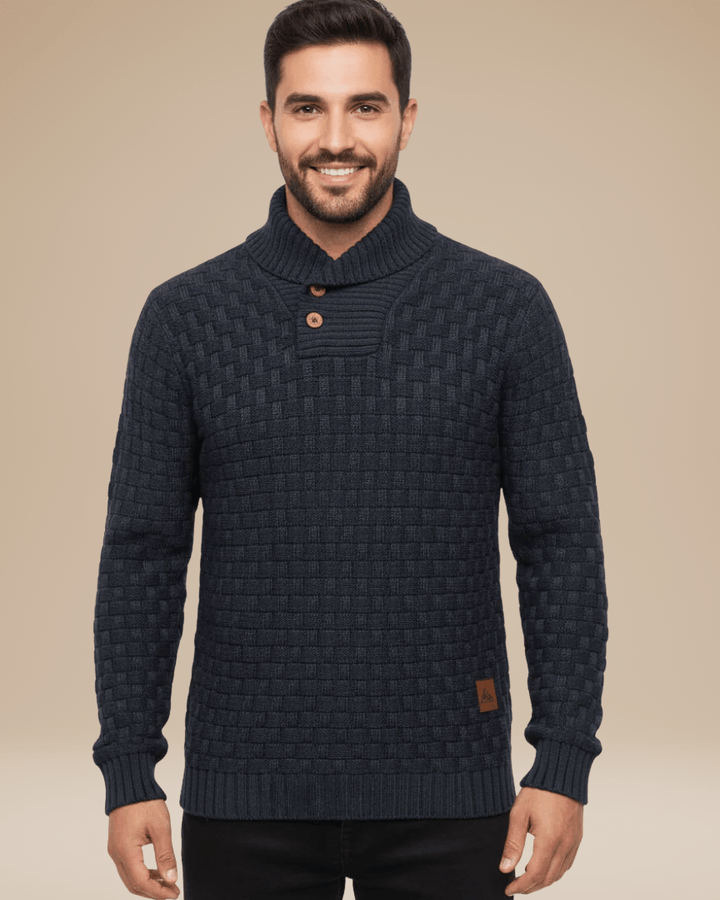 Camisola para homem com gola xale e botões | Estrutura em cesta e fio quente