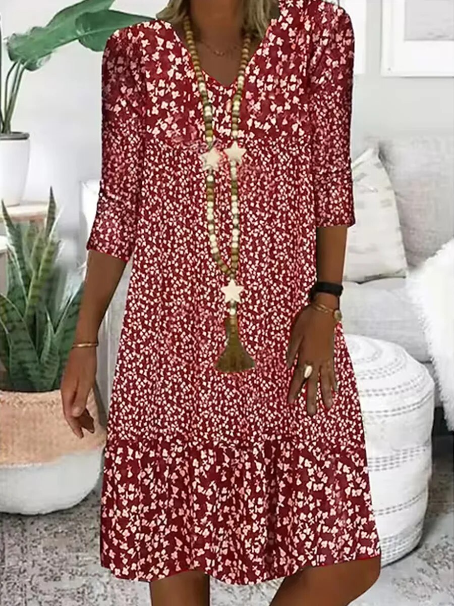 Floral V-Neck Midi Dress With Lace Bodice