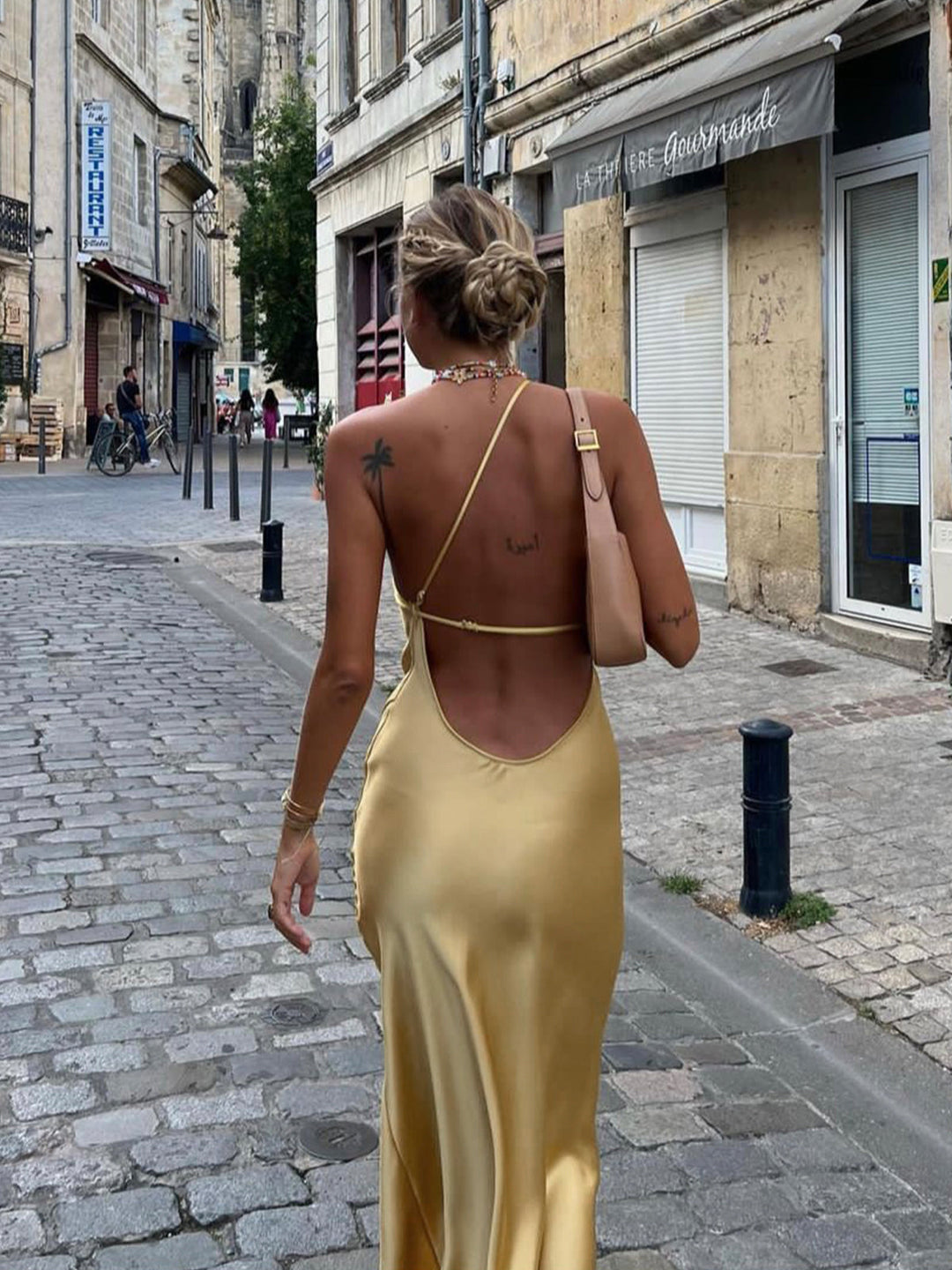 Long satin dress with slits at the back