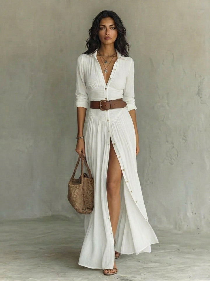 Vestido largo maxi con cuello de solapa y mangas largas de lino para mujer