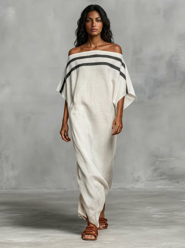 Vestido largo minimalista de lino para mujer con escote a hombros descubiertos y mangas de murciélago