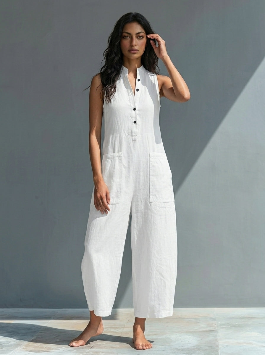 Mono sin mangas minimalista de mezcla de lino para mujer, con cuello alto y botones