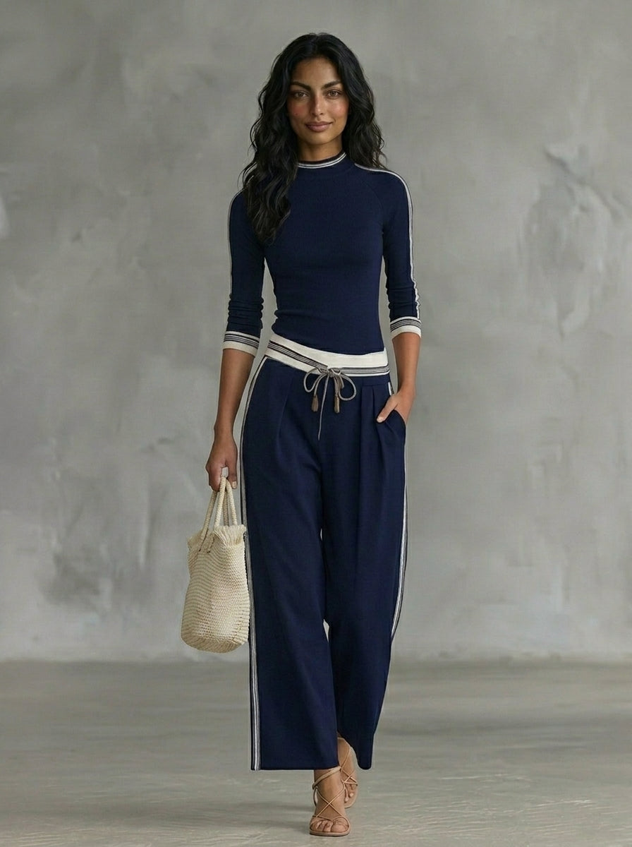 Conjunto de dos piezas para mujer: camiseta deportiva de manga larga con cuello medio y pantalones holgados con cordón