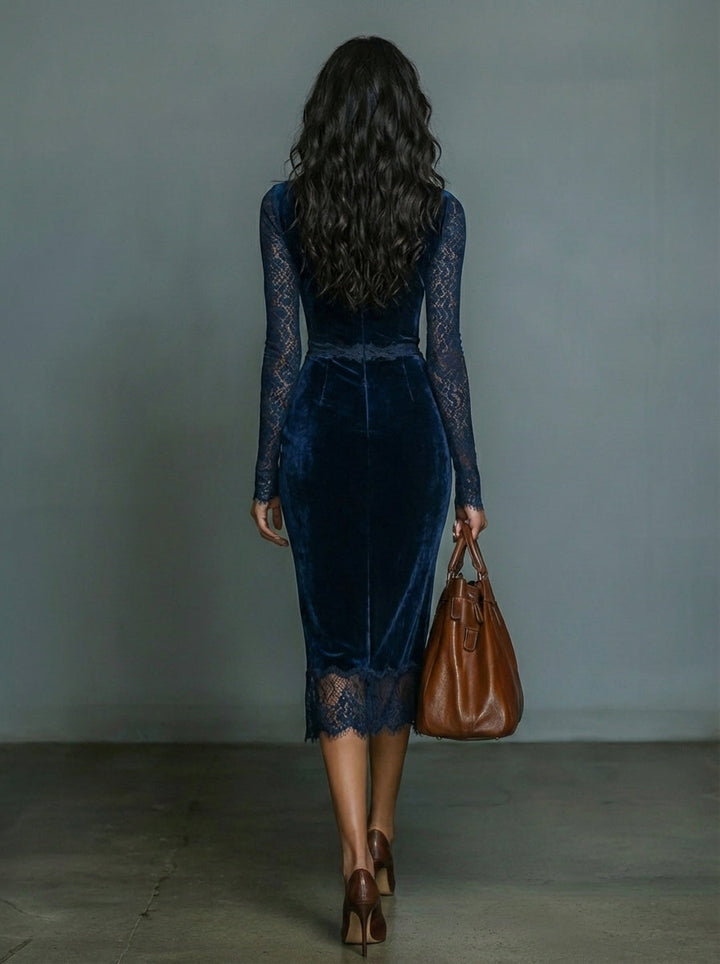 Vestido midi de corte ajustado en azul oscuro, de terciopelo, con cuello en V, elegante y a la moda, para mujer, con encaje en el escote y en las mangas