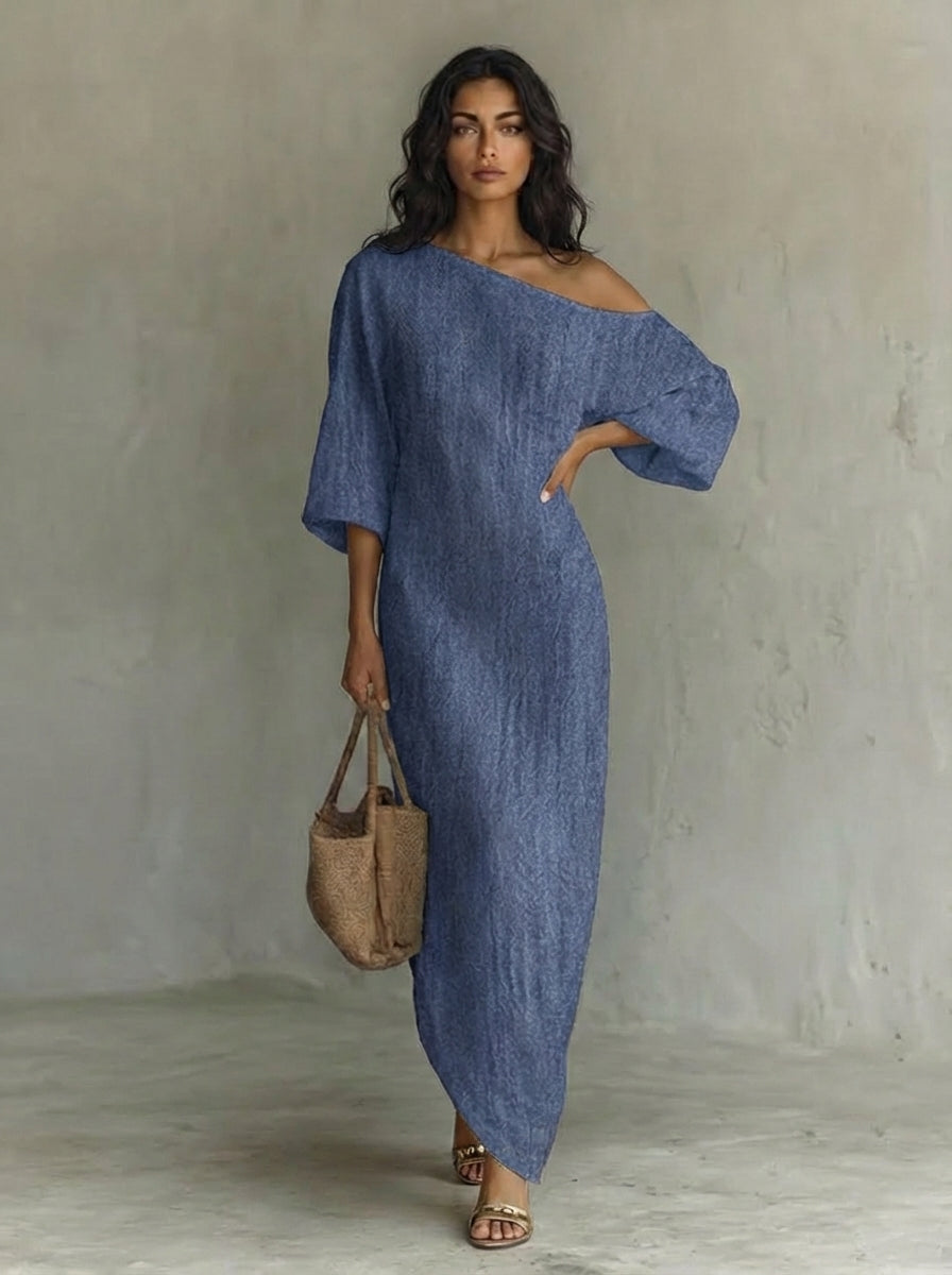 Elegante abito svolazzante in cotone-lino bianco avorio con spalle scoperte
