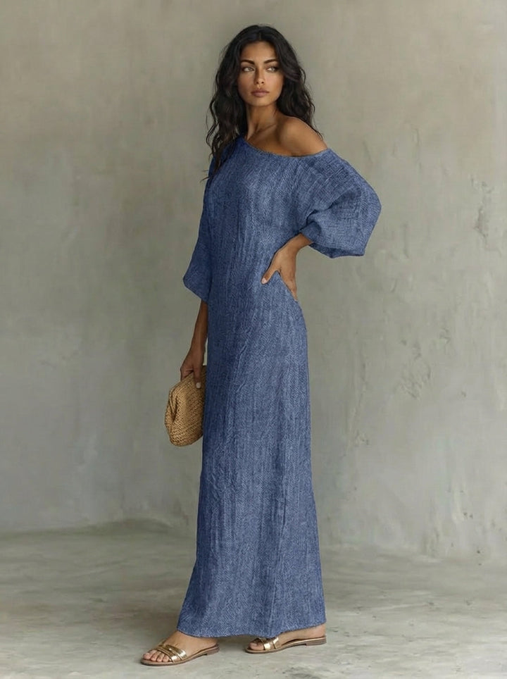 Elegante abito svolazzante in cotone-lino bianco avorio con spalle scoperte