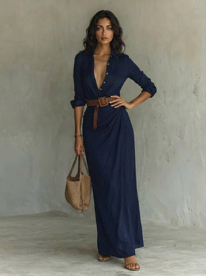 Vestido largo maxi con cuello de solapa y mangas largas para mujer