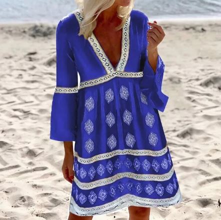 Boho V-Neck Geometric Print Dress