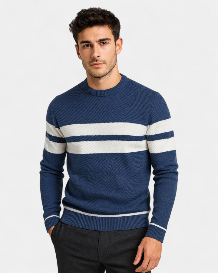 Camisola às riscas de gola redonda para homem | Mistura de viscose e algodão e corte justo