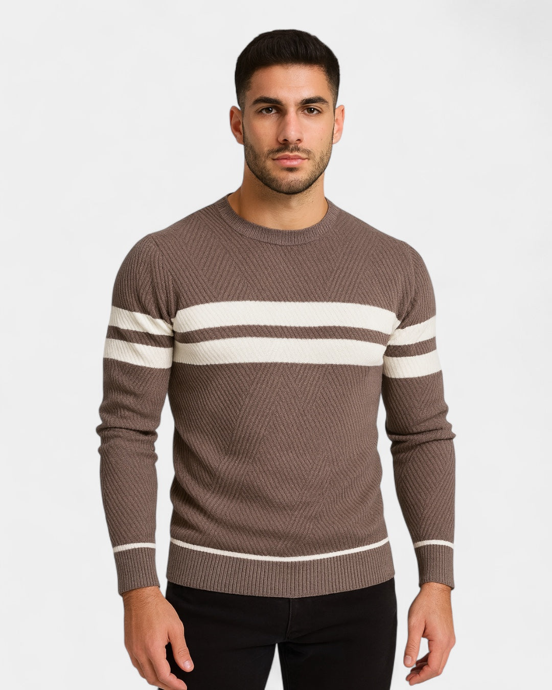 Camisola às riscas de gola redonda para homem | Mistura de viscose e algodão e corte justo