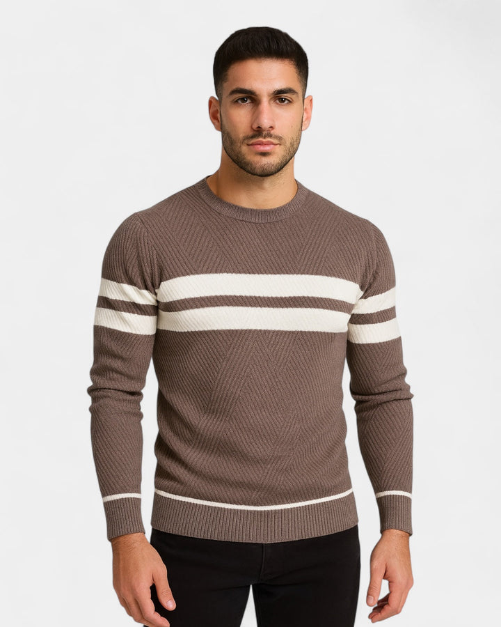 Camisola às riscas de gola redonda para homem | Mistura de viscose e algodão e corte justo