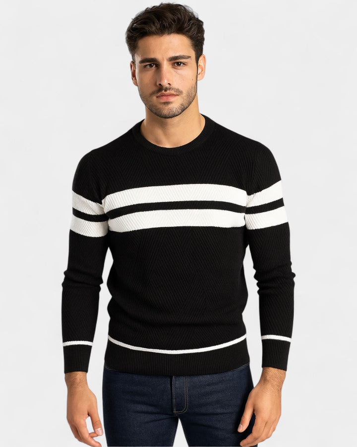 Camisola às riscas de gola redonda para homem | Mistura de viscose e algodão e corte justo