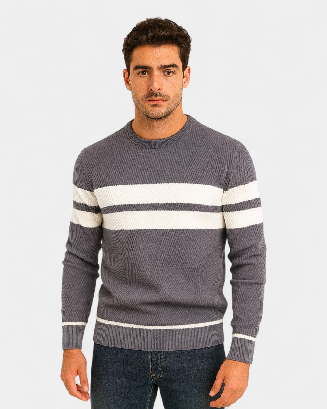Camisola às riscas de gola redonda para homem | Mistura de viscose e algodão e corte justo