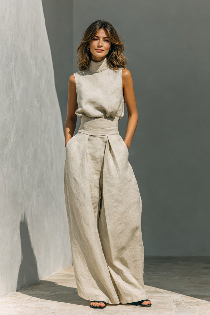 María: conjunto minimalista de camiseta sin mangas de algodón y lino y pantalones holgados para mujer