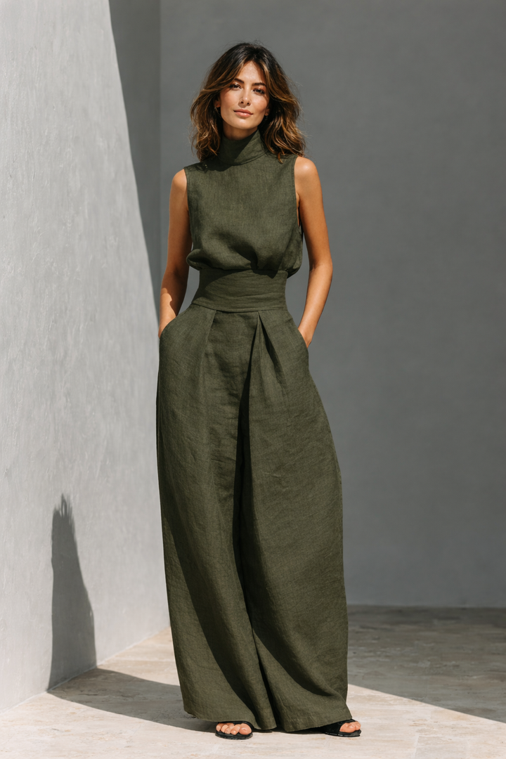 María: conjunto minimalista de camiseta sin mangas de algodón y lino y pantalones holgados para mujer