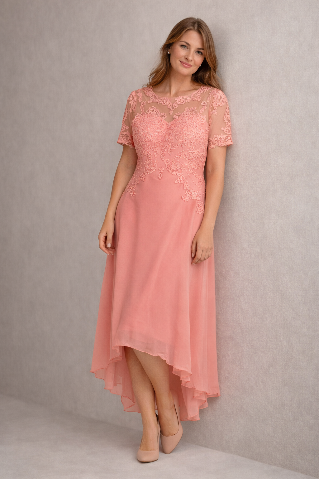Lace Bodice High-Low Evening Dress