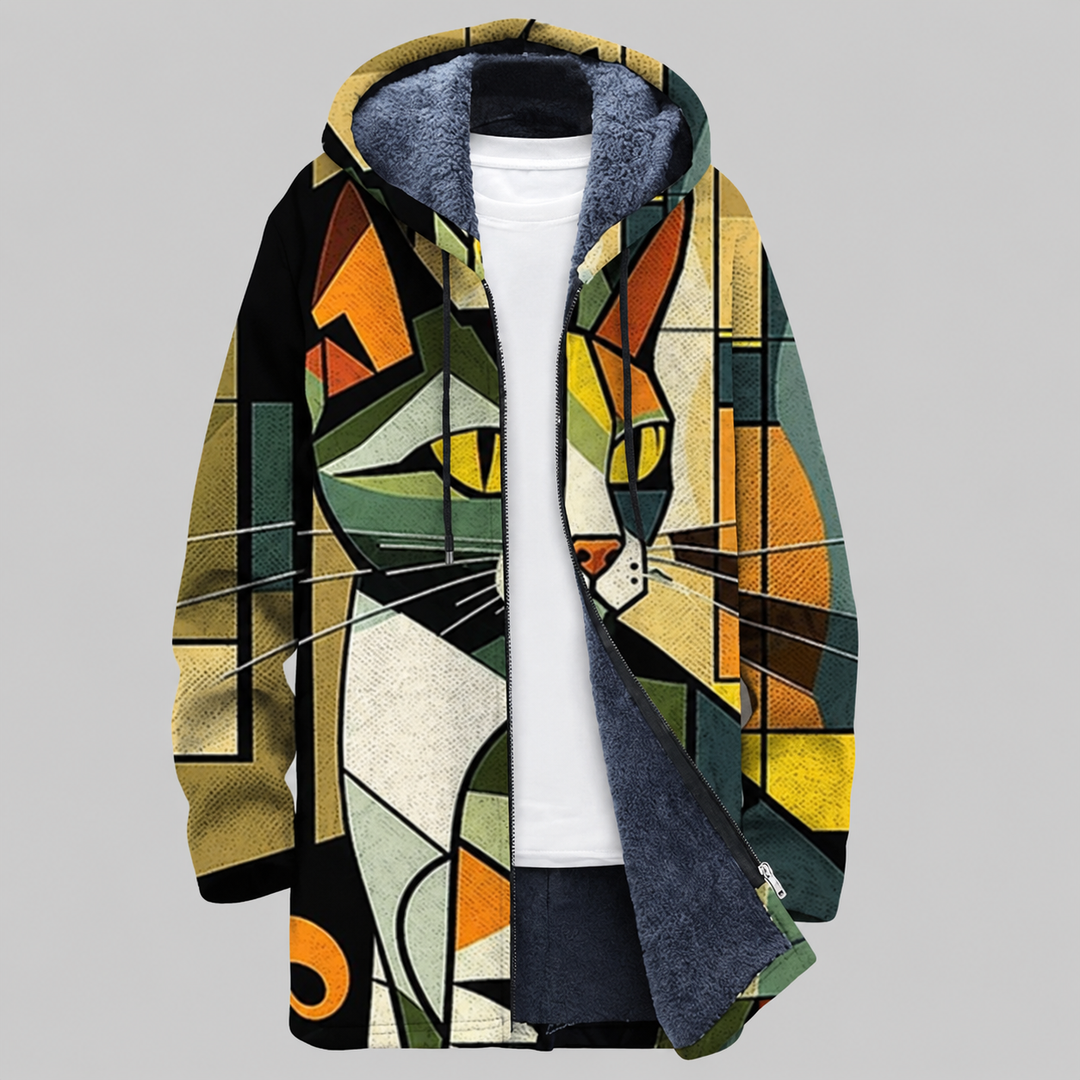 Emerson | Abrigo con capucha y estampado de gatos con efecto vitral