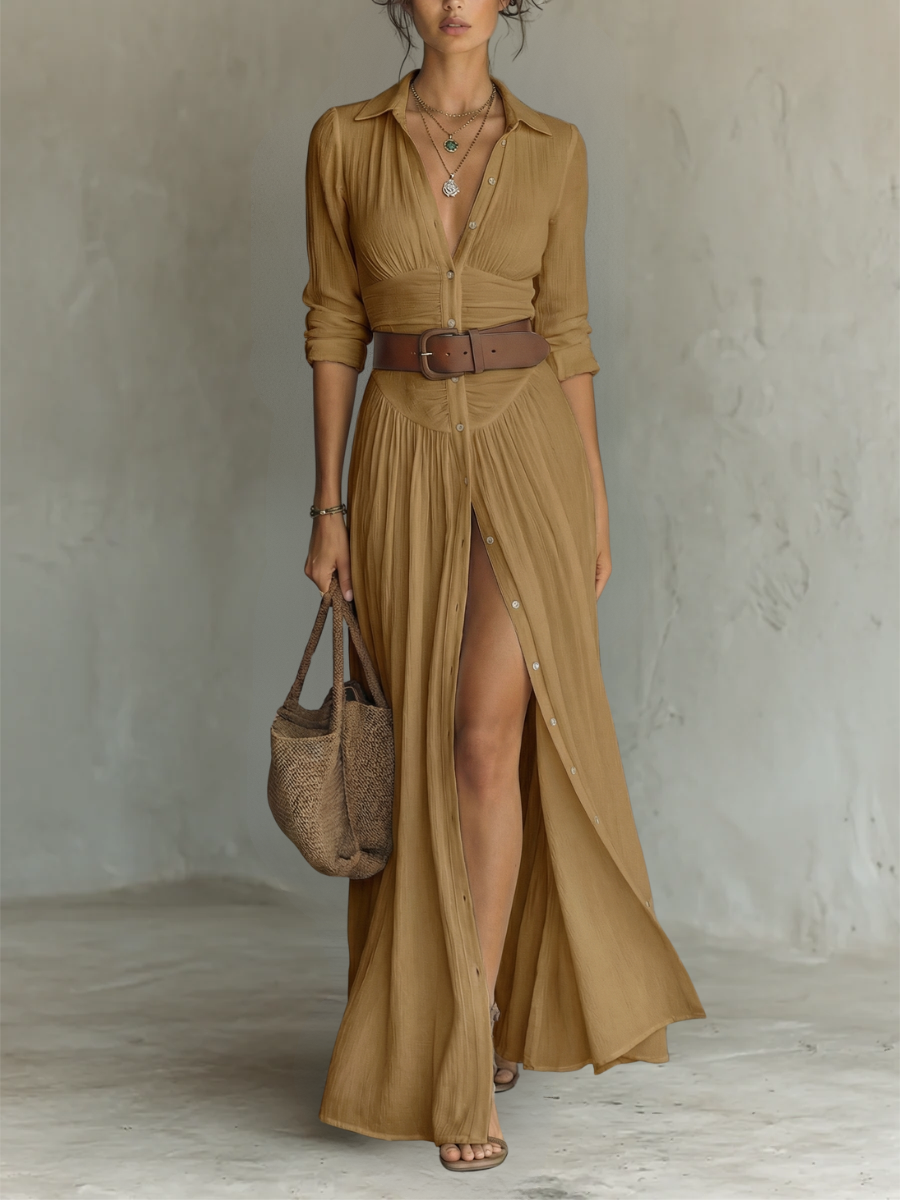 Vestido largo maxi con cuello de solapa y mangas largas de lino para mujer
