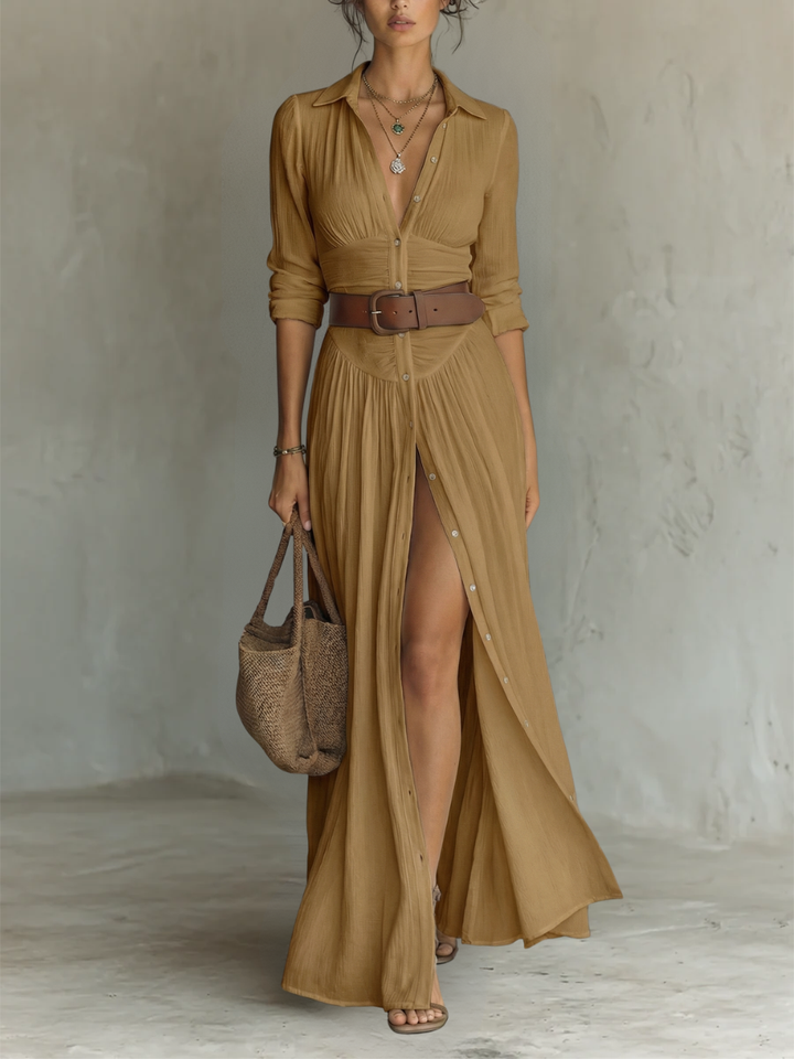 Vestido largo maxi con cuello de solapa y mangas largas de lino para mujer